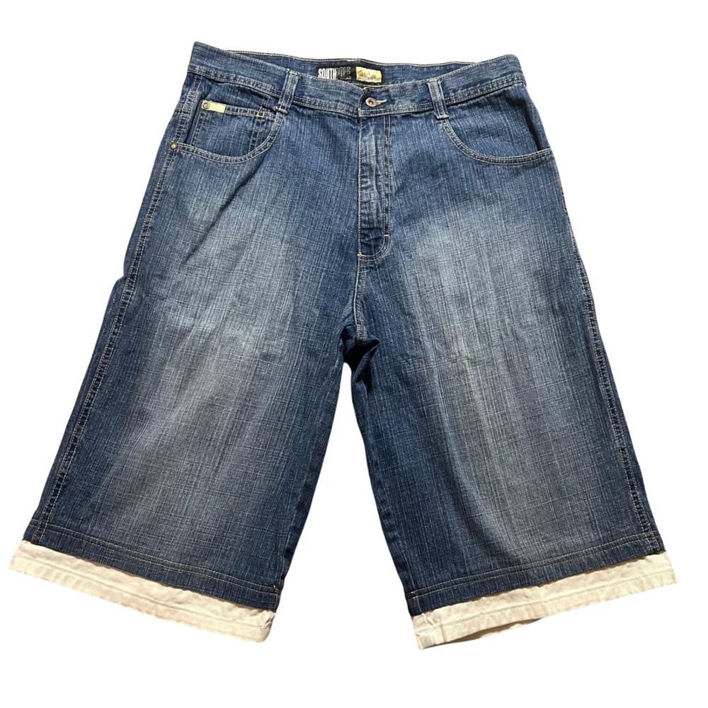 Southpole Gold Tab Denim Shorts Mens 36 Blue Baggy Y2K Layered Hem Jorts